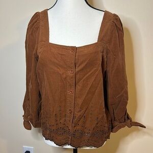 Madewell boho Womens Size Small Brown Embroidered Eyelet Corduroy Tie-Sleeve